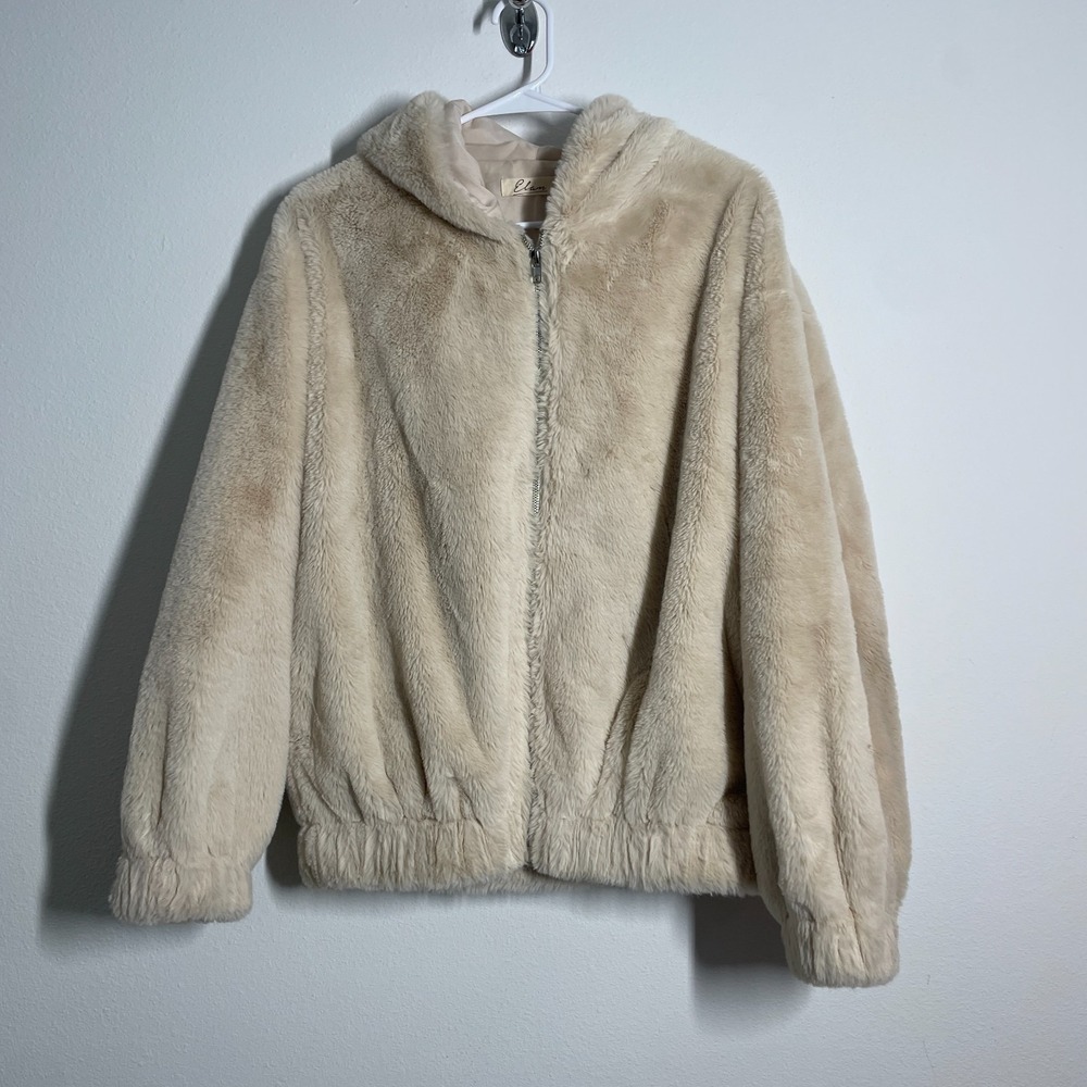 Elan Faux Fur Bomber Jacket Womens L Cream Hooded‎ Classic Boho Winter Cabincore